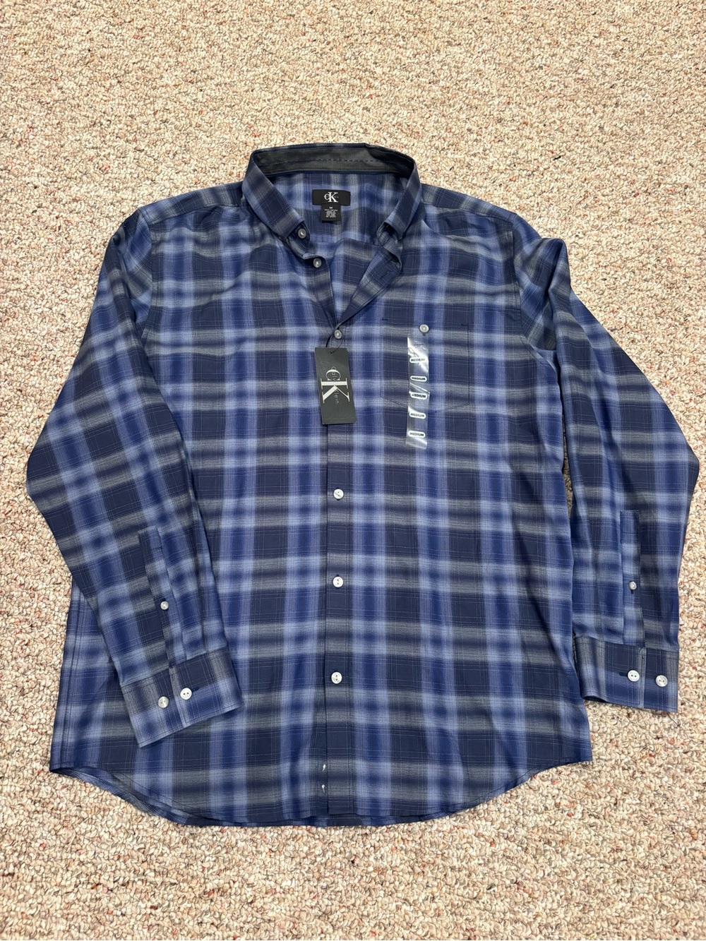 Calvin Klein 100% Cotton Blue Plaid Button-Down Shirt - Men's